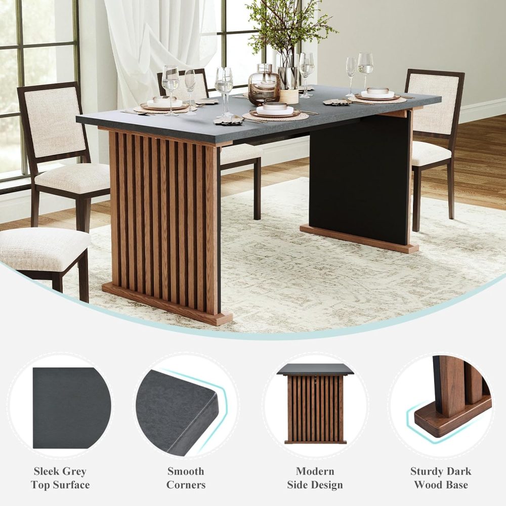 COLAMY 7-Piece Dining Table Set for 6, 63" Kitchen Rectangular Wood Table with 6 Retro Dining Room Chairs, Grey/Beige - Image 3