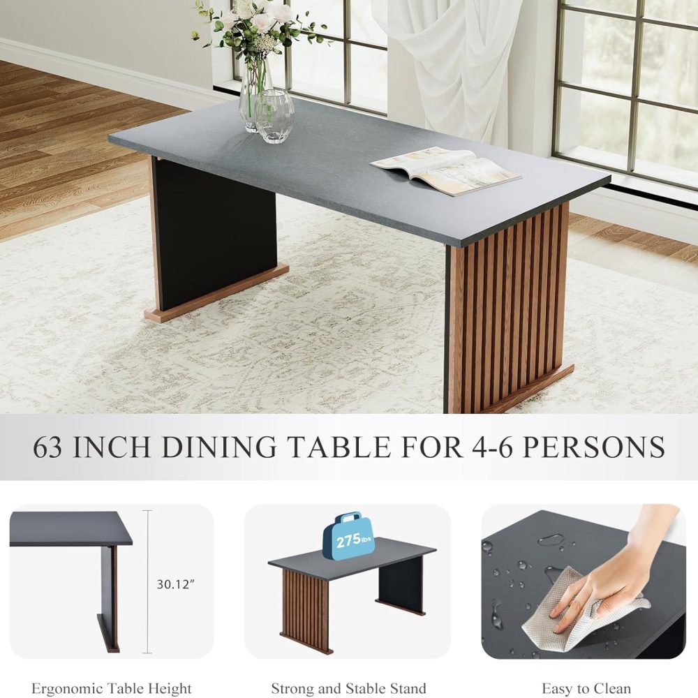 COLAMY 7-Piece Dining Table Set for 6, 63" Kitchen Rectangular Wood Table with 6 Retro Dining Room Chairs, Grey/Beige - Image 4
