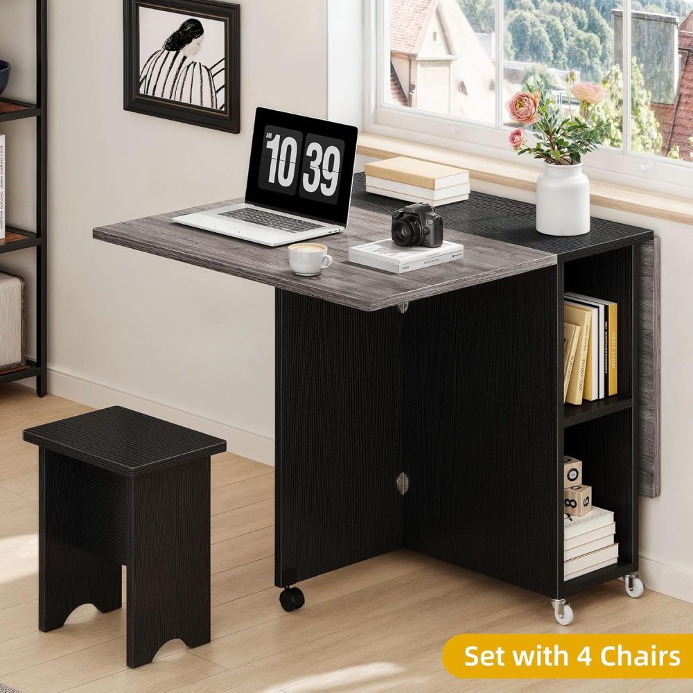 DWVO 5 Pieces Folding Extendable Dining Table Set with 4 Chairs for 4 Peoples 55 Inches Drop Leaf Wood Kitchen Dining Room Table Set with Storage and 6 Wheels for Small Space Saving Grey Oak - Image 6
