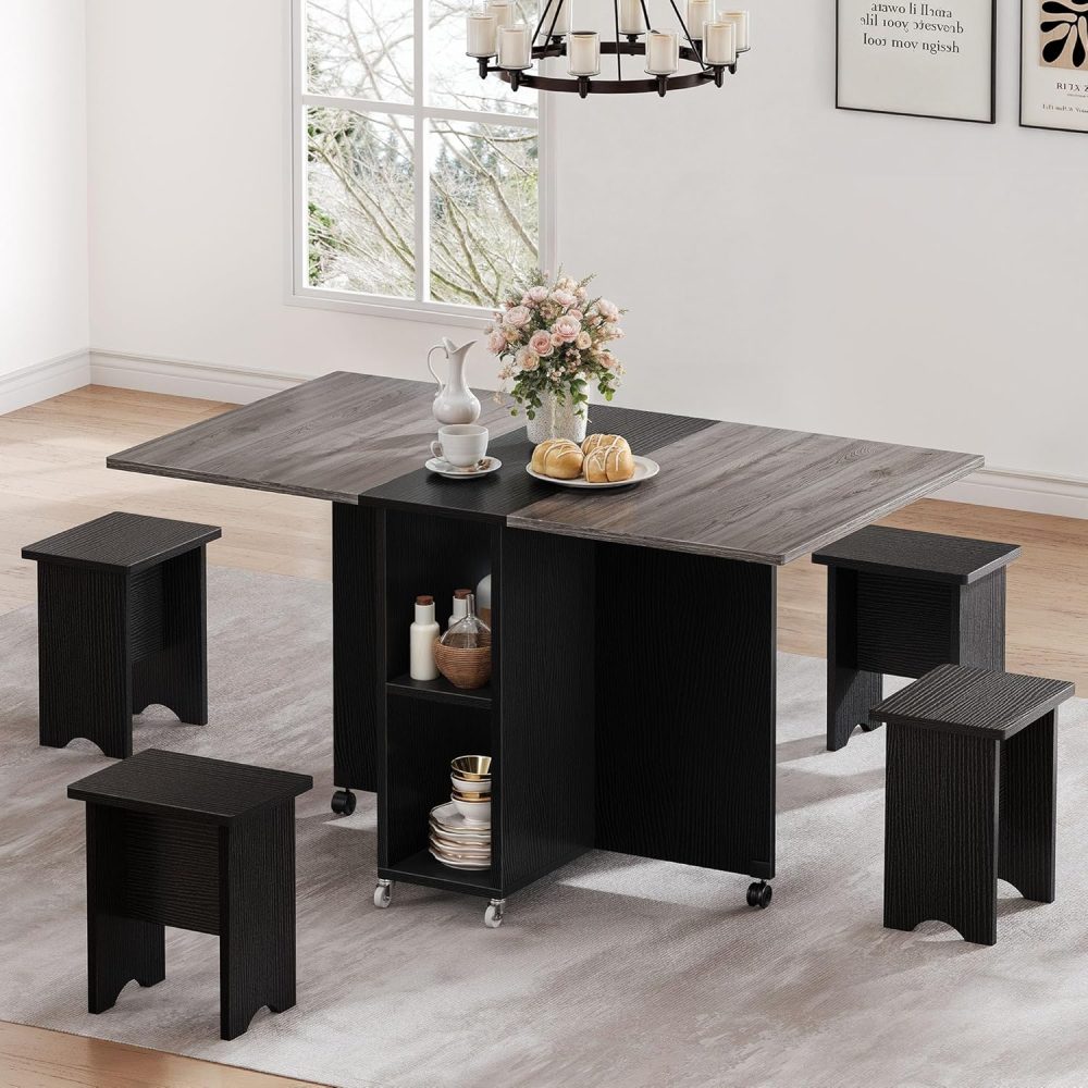 DWVO 5 Pieces Folding Extendable Dining Table Set with 4 Chairs for 4 Peoples 55 Inches Drop Leaf Wood Kitchen Dining Room Table Set with Storage and 6 Wheels for Small Space Saving Grey Oak - Image 7