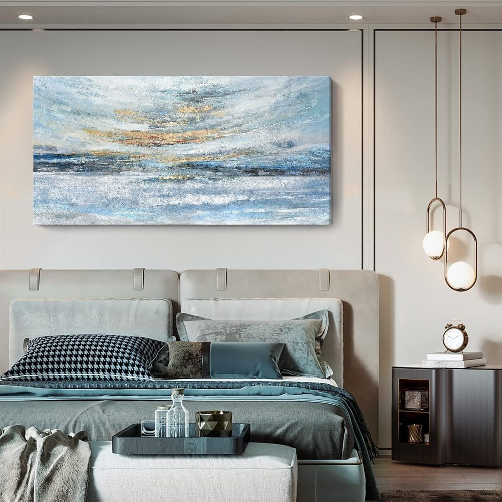 Extra Large Framed Wall Art for Living Room Light Blue Huge Canvas Print Modern Ocean Skyline and Sunset Wall Picture Coastal Themed Seaside Sea Artwork for Home Bedroom Décor 60x30inch Décor - Image 4
