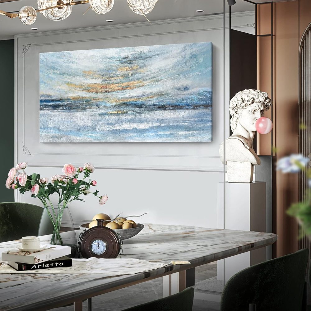 Extra Large Framed Wall Art for Living Room Light Blue Huge Canvas Print Modern Ocean Skyline and Sunset Wall Picture Coastal Themed Seaside Sea Artwork for Home Bedroom Décor 60x30inch Décor - Image 5