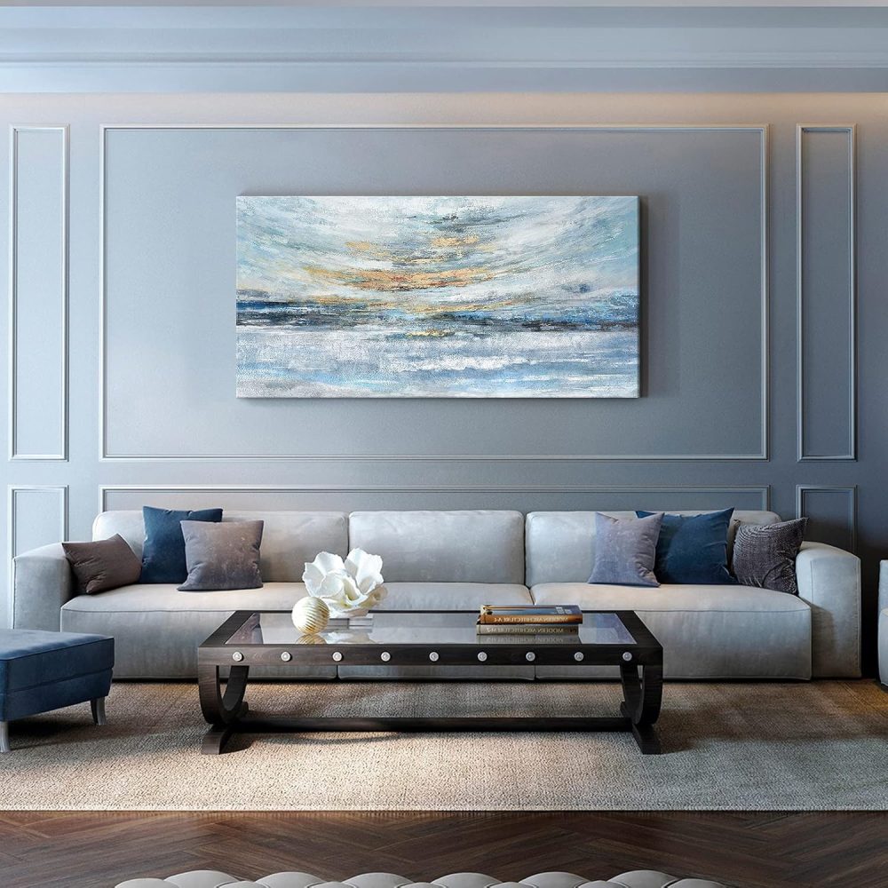 Extra Large Framed Wall Art for Living Room Light Blue Huge Canvas Print Modern Ocean Skyline and Sunset Wall Picture Coastal Themed Seaside Sea Artwork for Home Bedroom Décor 60x30inch Décor - Image 7