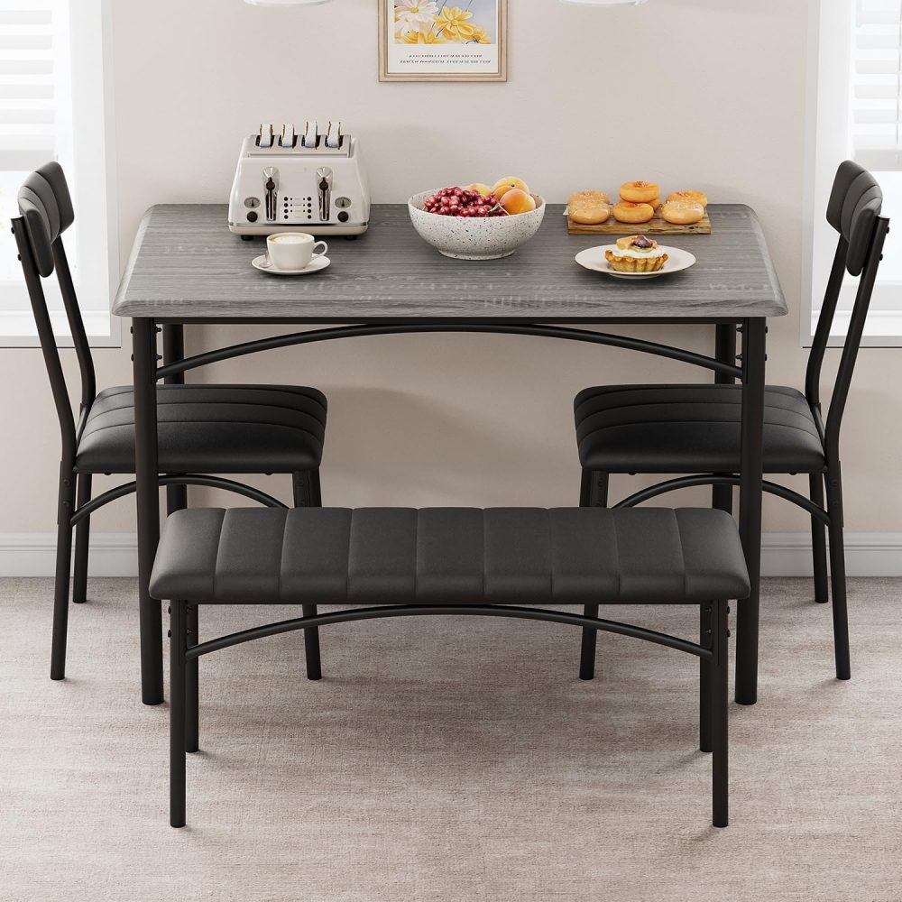 GAOMON Dining Table Set for 4, Kitchen Table with Upholstered Chairs and Bench, 4-Person Dining Room Table Set, Rectangular Kitchen Table Set for Small Space, Apartment, Home, Studio, Rustic Grey - Image 2
