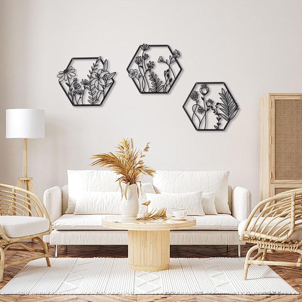 3 Pcs Metal Flower Wall Decor,Flower Art Wall Decor,Farmhouse Wall Decor (Black) - Image 3
