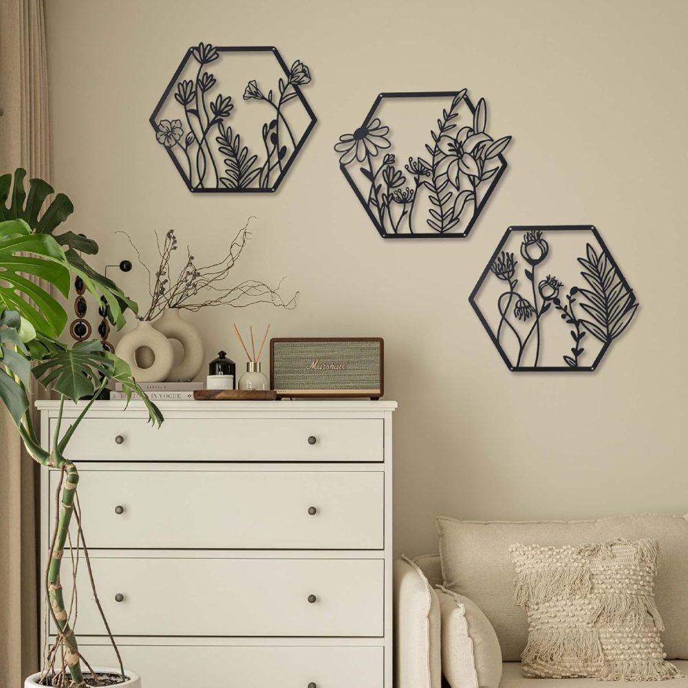 3 Pcs Metal Flower Wall Decor,Flower Art Wall Decor,Farmhouse Wall Decor (Black) - Image 5