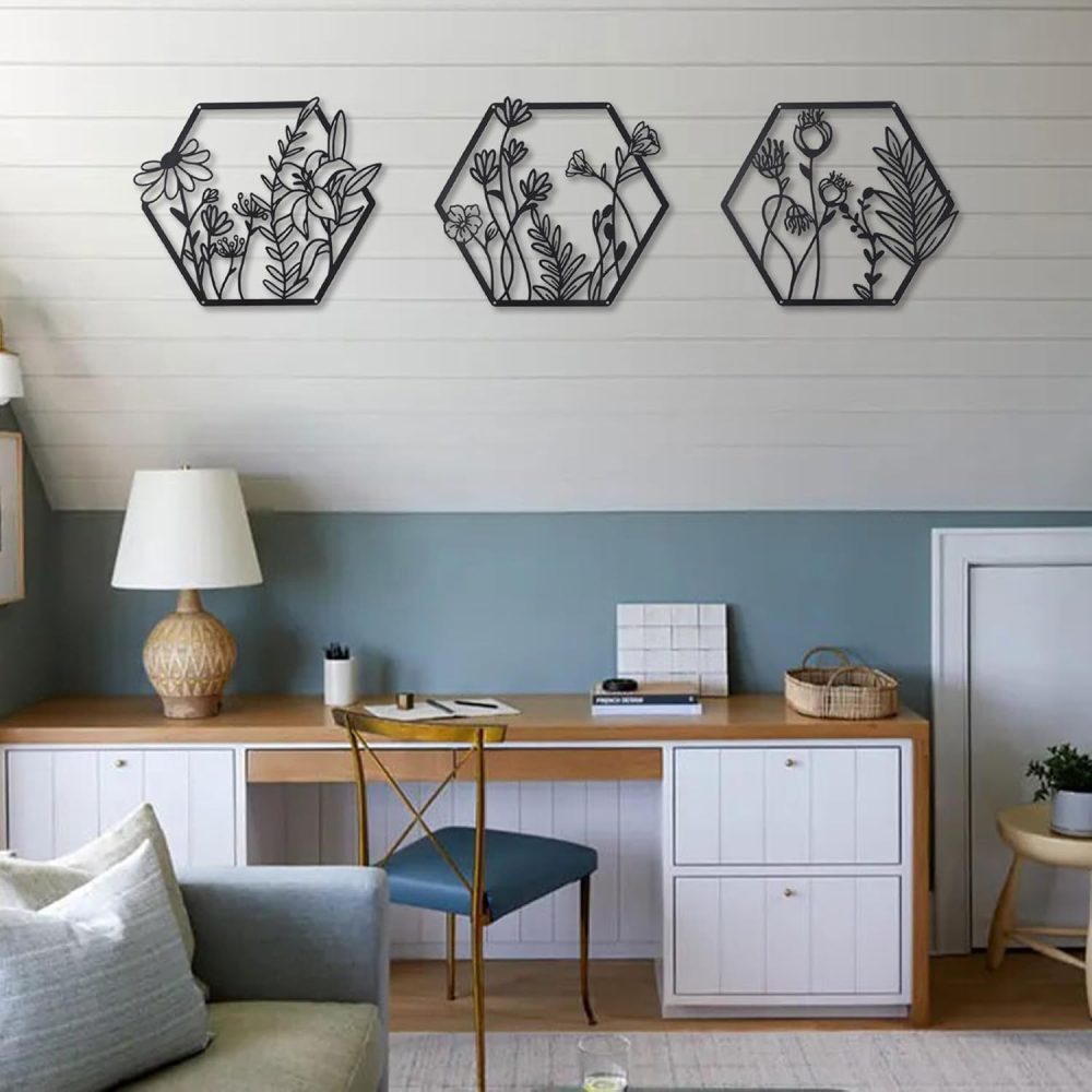 3 Pcs Metal Flower Wall Decor,Flower Art Wall Decor,Farmhouse Wall Decor (Black) - Image 6
